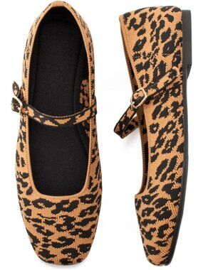 〽️Women's Ballet Flats Leopard Knitted Mesh Upper Casual Ankle Strap Square Toe